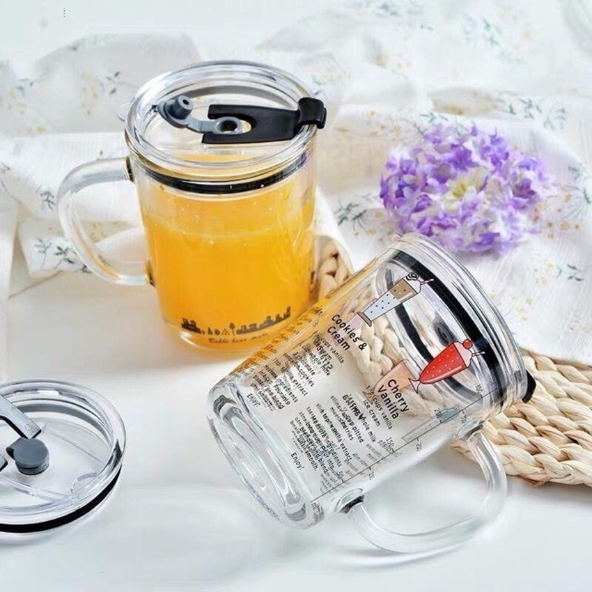 Combo 4 Cốc thủy tinh pha các loại đồ uống siêu tiện lợi ly giữ nhiệt có nắp đậy tặng ống hút chịu nhiệt 150 độ Angola