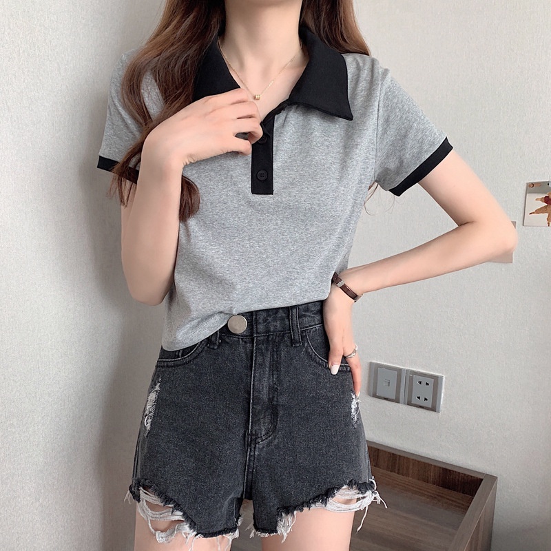 Áo thun polo IELGY tay ngắn cổ bẻ màu sắc tương phản thời trang đơn giản dành cho nữ