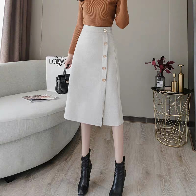 chân váy chữ A tuyết mưa phối cúc đáp tà lệch