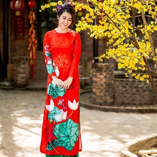 Có 2XL - Set Áo Dài truyền thống Gấm hoạ tiết hoa sen kèm quần BIGSIZE