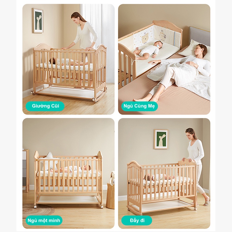 Giường Cũi Gỗ 8 Chức Năng Sơn Gốc Nước Không Mùi Tiêu Chuẩn Châu Âu Kèm Bảng Trắng Và 4 Bánh Xe Để Di Chuyển