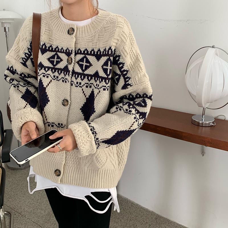 Áo khoác cardigan dệt kim cổ tròn dáng rộng họa tiết kẻ ô đính kim cương dành cho nữ