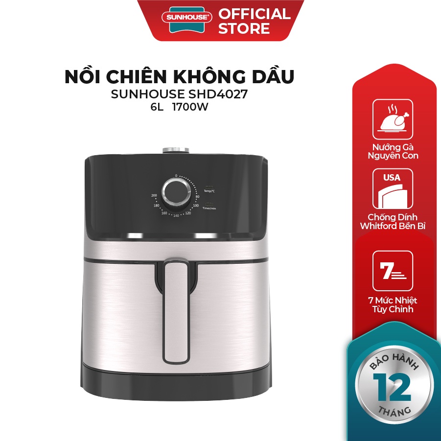 Nồi chiên không dầu 6LSunhouse SHD4027 dung tích 6L, chiên gà vịt nguyên con | Lớp chống dính đa lớp siêu bền, an toàn