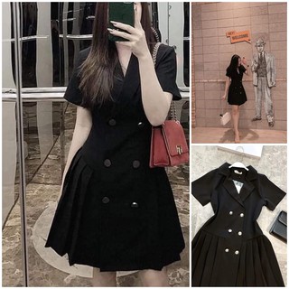 Đầm dự tiệc dáng xòe tay phồng cổ V Váy tiểu thư nút cúc - Váy nữ dự tiệc Mi Clothing