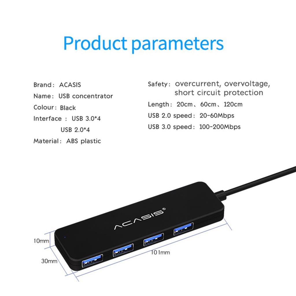 Hub usb 4 cổng ACASIS chuẩn 3.0 dài 20cm-AB3-L42 , AB3-L46 dài 60cm, AB3-L412 dài 120cm Và ACASIS chuẩn 2.0 -AB2-L46