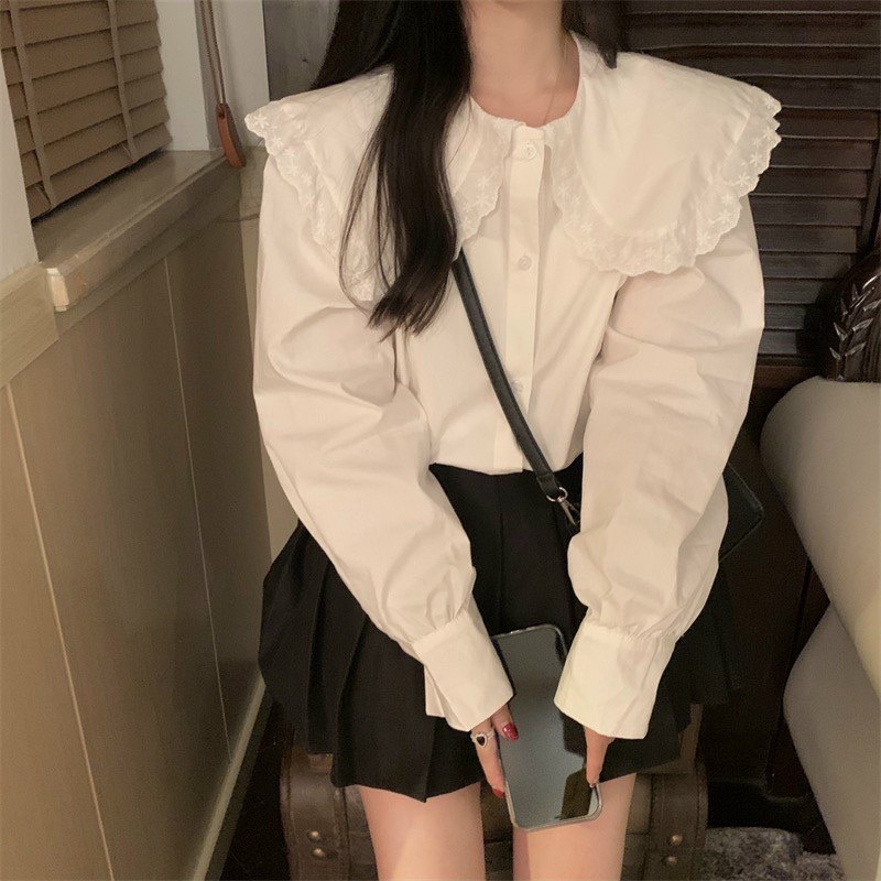 Áo sơ mi nữ dài tay form rộng cổ ren bèo A8166 kiểu áo nữ dáng Babydoll thời trang hàn quốc sang chảnh mặc đi làm đi học