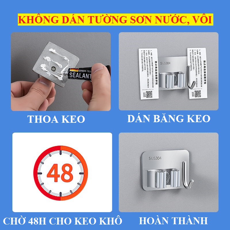 Móc treo chổi, cây lau nhà Inox - Móc treo vòi sen, cọ chà toilet không cần khoan tường
