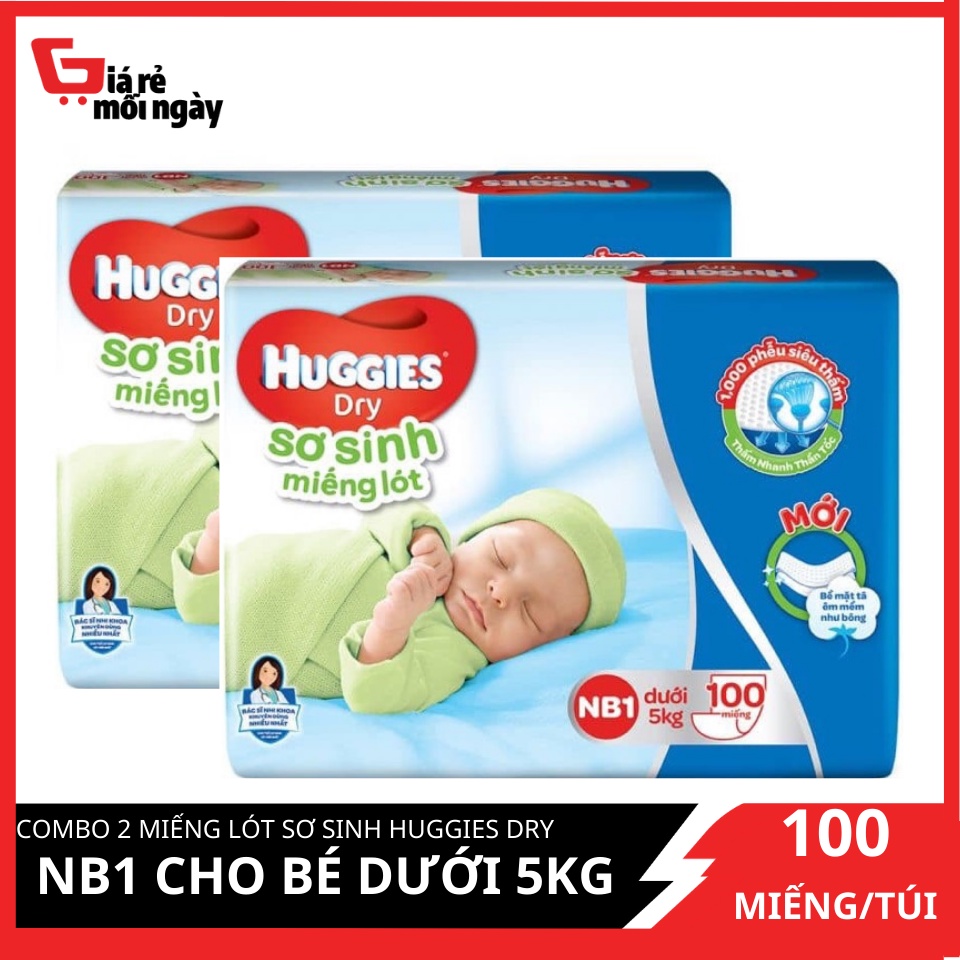 Combo 2 Gói Miếng lót sơ sinh Huggies Dry size NB1 100 miếng (cho bé dưới 5kg)