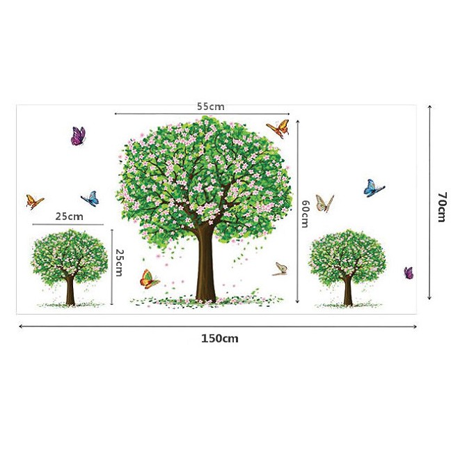 Decal trang trí tường 3 thân cây lớn có Hoa cùng Bướm xinh