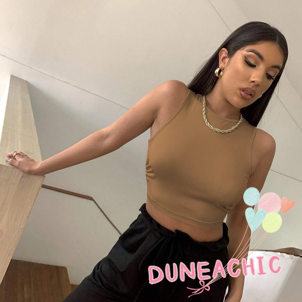 DUNEA Áo Tank Top Cổ Tròn Màu Trơn Hở Lưng Gợi Cảm Cho Nữ