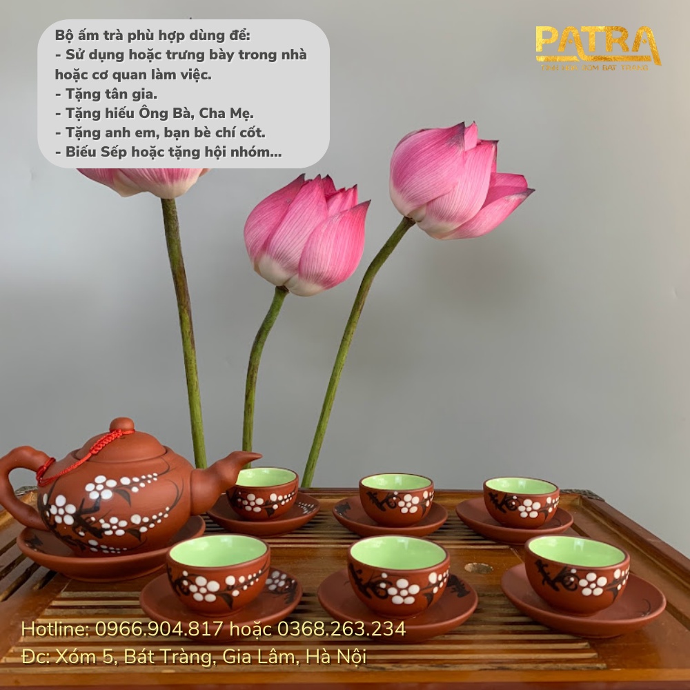 Bộ ấm chén uống trà cao cấp , bộ ấm trà Bát Tràng - trường sa hoa mai trắng