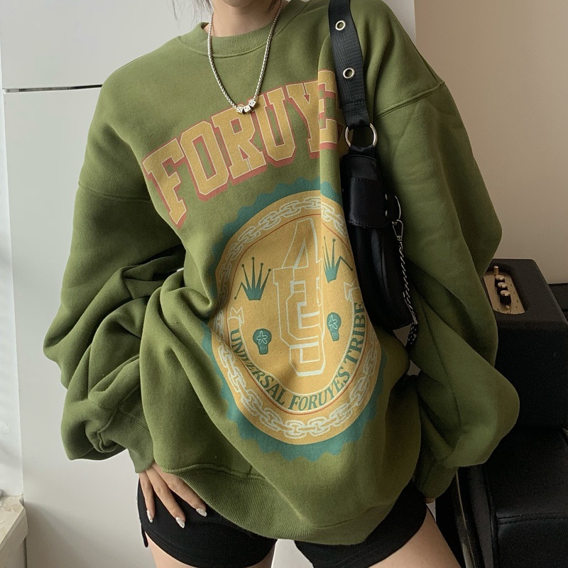 NZN Áo nỉ cổ tròn dày dặn phong cách retro cho nữ