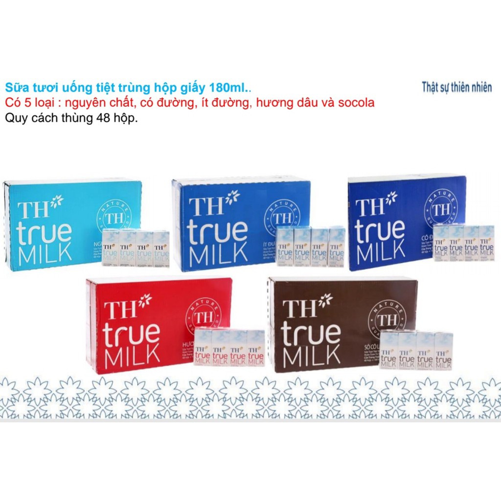 6 lốc Sữa tươi tiệt trùng TH true milk 180ml ( Có đường / Ít đường / Nguyên Chất / Dâu / Sôcola  / Đủ mùi )