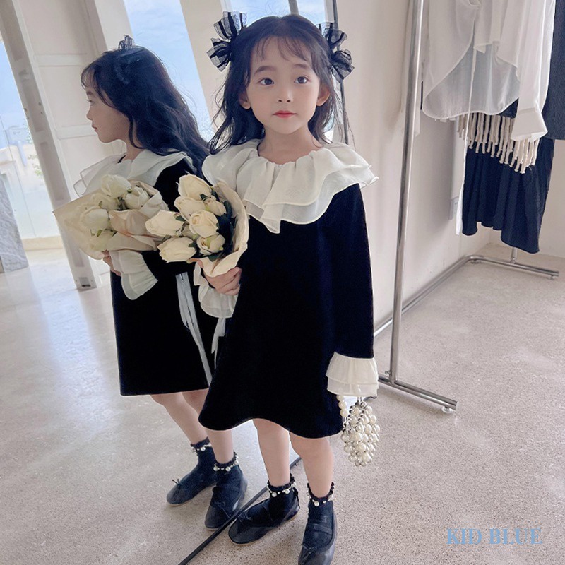 Đầm Nhung Dài Tay Hai Lớp Cổ Búp Bê Thời Trang Hàn Quốc Cho Bé Gái