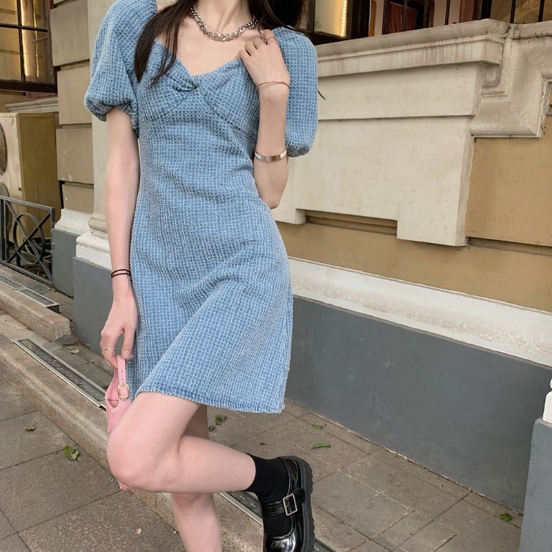 Đầm denim tay phồng cổ chữ v thời trang xinh xắn cho nữ