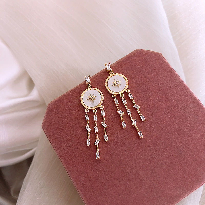 [shopkeeper's recommendation, good-looking and affordable] 2021 high-grade light luxury French palace eight star eye-catching Earrings glittering zircon elegant Tassel Earrings Earrings Silver Needle female