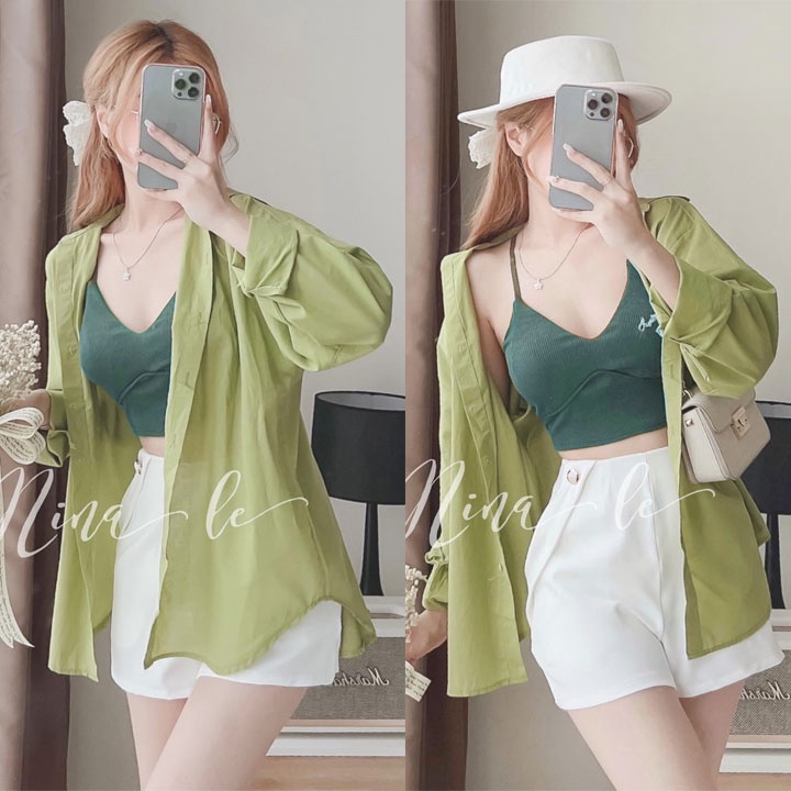 Set 3 món Áo khoác sơ mi chất thô nến Áo 2s dệt có thêm mút đệm ngực mix Quần short kaki - Yubishop YBLMSET355