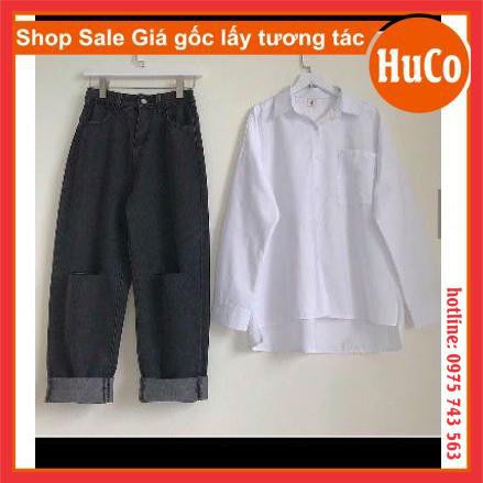 sét trang phục nữ, sét đồ áo sơ mi trắng dài tay xẻ tà basic trơn + quần bò đen cạp cao ống rộng siêu hách dáng tách lẻ | BigBuy360 - bigbuy360.vn