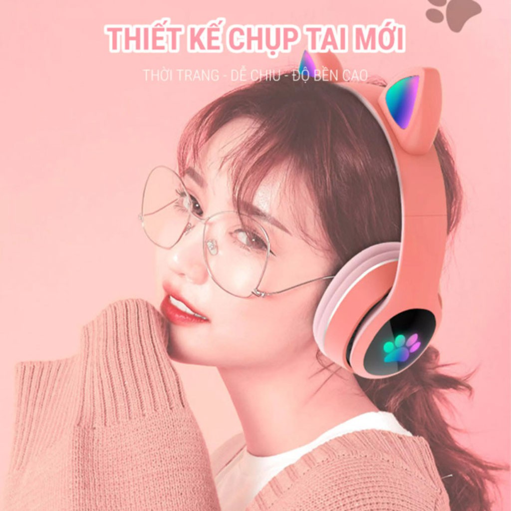 Tai nghe mèo bluetooth phát sáng STN28 - Tai nghe chụp tai mèo có mic kiểu dáng cute có khe cắm thẻ nhớ, Jack 3.5mm