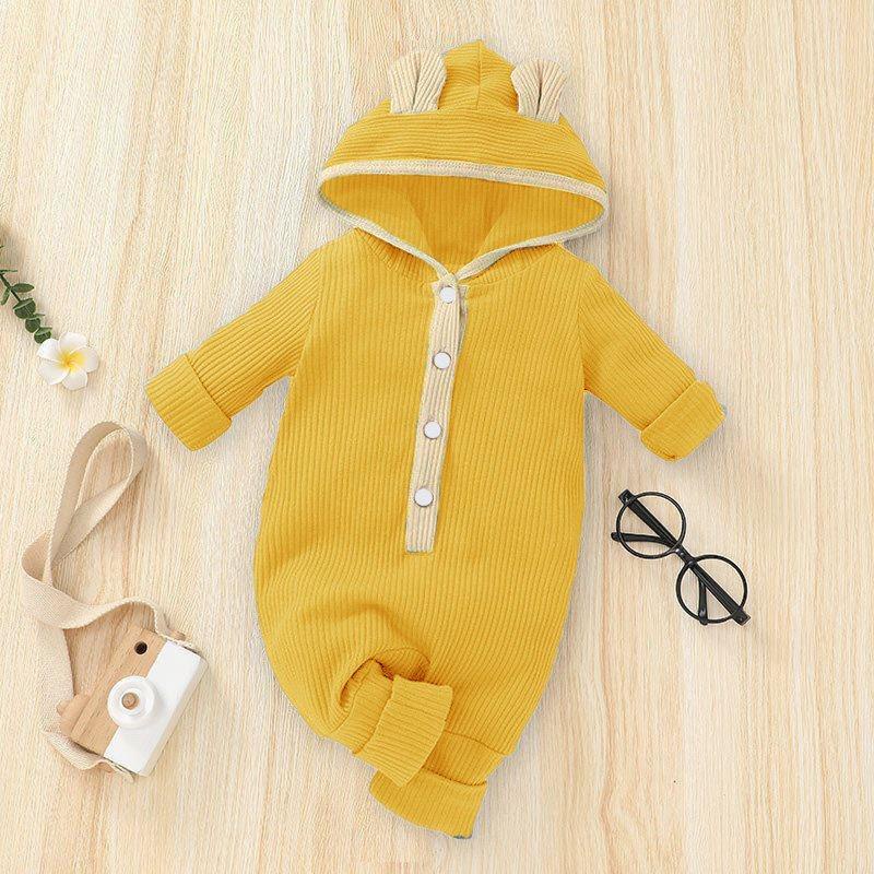 Áo Liền Quần Bé Gái, Bé Trai Sơ Sinh LOTUKA Chất Len Tăm, Bodysuit Có Mũ Cho Bé 3-12kg