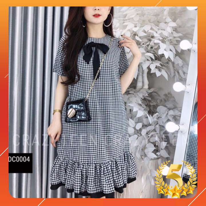 Đầm kate caro đuôi cá phối nơ xinh Hàng y hình 100%