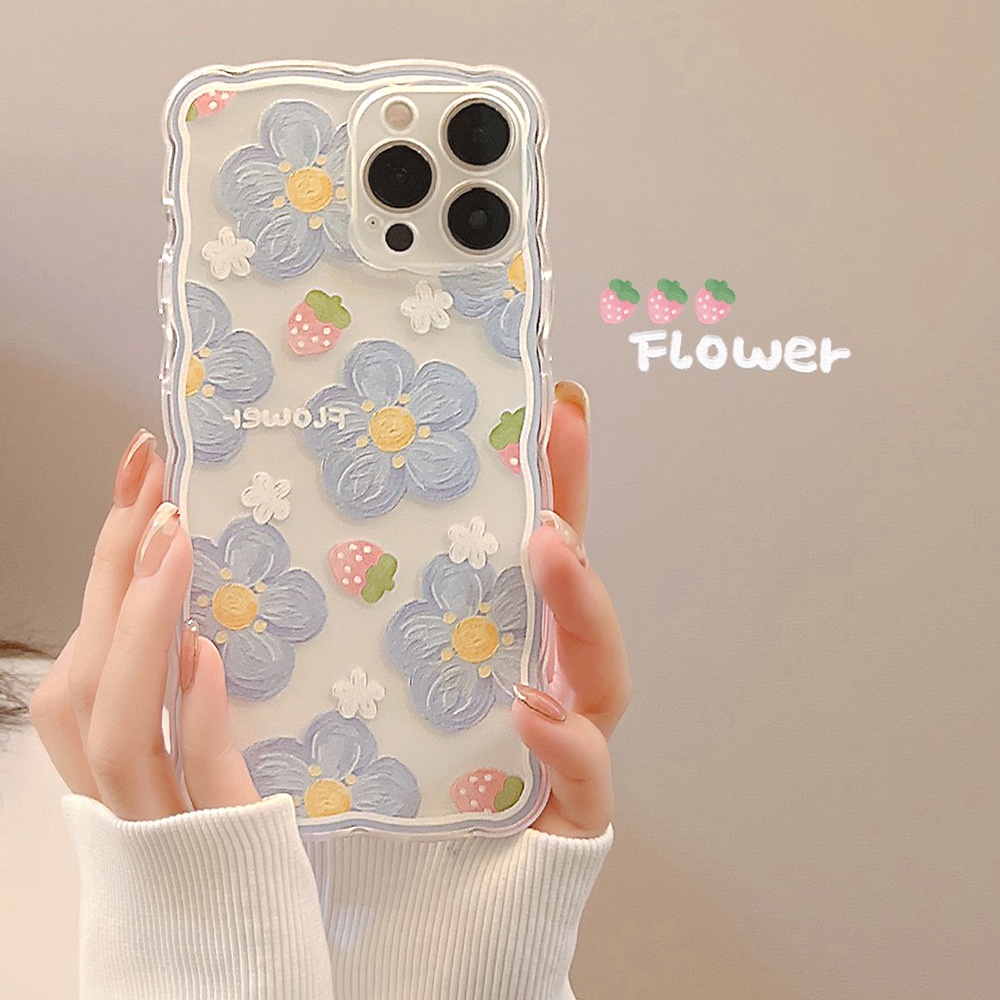 Ốp Điện Thoại tpu Mềm Họa Tiết Hoa / Dâu Tây Màu Xanh Dương Cho iphone 7 8 plus xr xs 11 12 13 14 15 mini pro max se 2020
