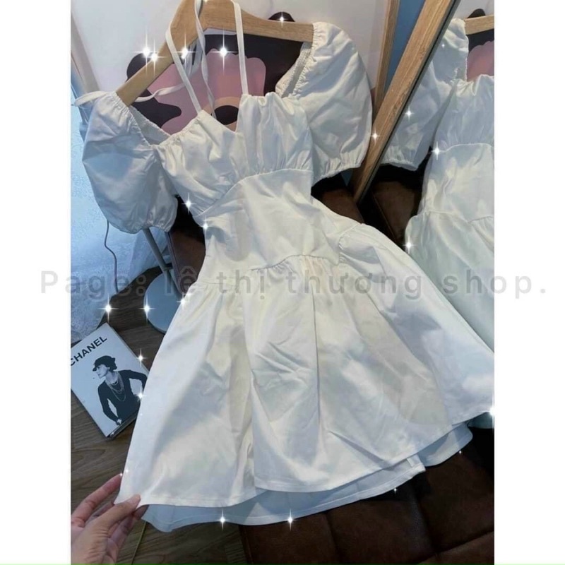 Đầm tiểu thư màu trắng đi tiệc,đầm công chúa,đầm bánh bèo,đầm tay phồng cổ vuông cột dây,váyxòe nữ mặc đi chơi dễ thương