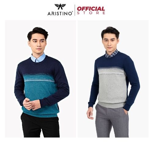 Áo Len Nam Dài Tay ARISTINO Cap Cấp Cổ Tròn Ngực Phối Màu Trẻ Trung Thời Thượng - AWO004W1