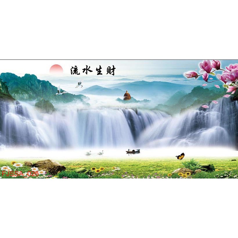 Tranh dán tường 3D thác nước sơn thủy