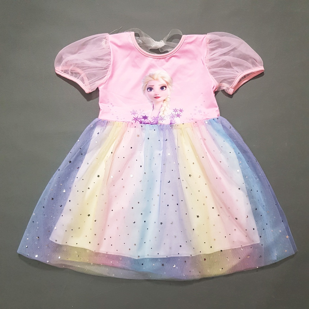 Đầm thun voan cầu vồng elsa lấp lánh cho bé gái