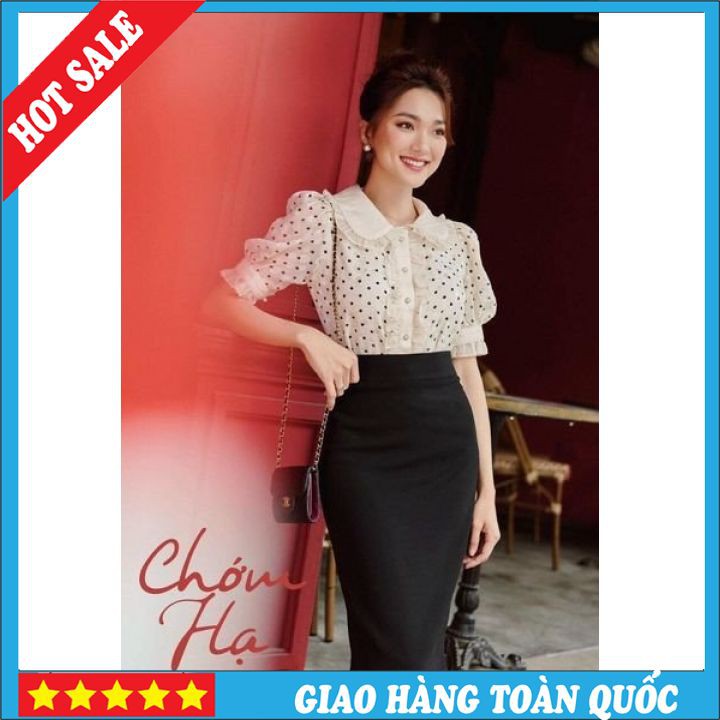 ♻️XẢ KHO♻️ Áo Sơmi Voan Tơ Chấm Bi 2 Lớp Tay Ngắn Phối Bèo