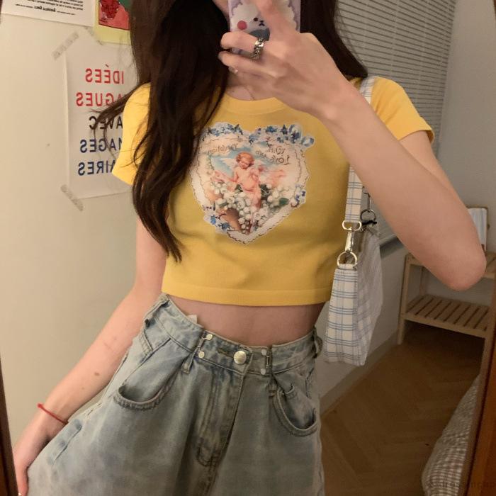 Áo Croptop Tay Ngắn Cổ Tròn In Hình Thiên Thần Thời Trang Dành Cho Nữ