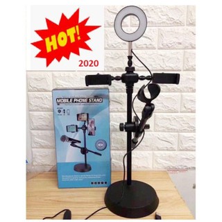 Live Stream 4in1- Đèn Để Bàn Có Chân Đỡ Micro LivesTream Hai Điện Thoại - Bộ Giá Đỡ Điện Thoại Livestream 4in1