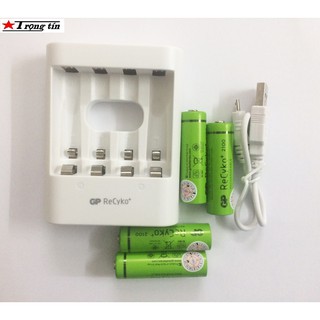 Bộ Sạc Kèm 4 Pin AA 2000mah Tự Ngắt GP Recyko