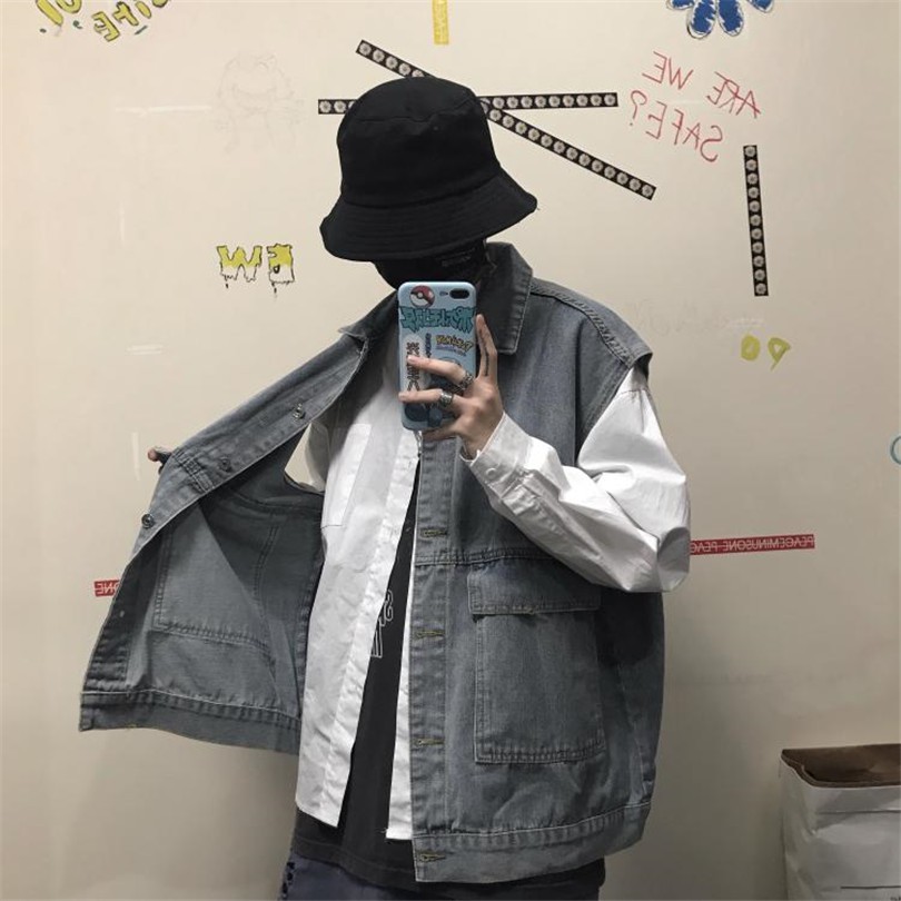 Áo Khoác Denim Không Tay Dáng Rộng Phong Cách Harajuku Hàn Quốc Thời Trang Cho Nam Nữ 12802