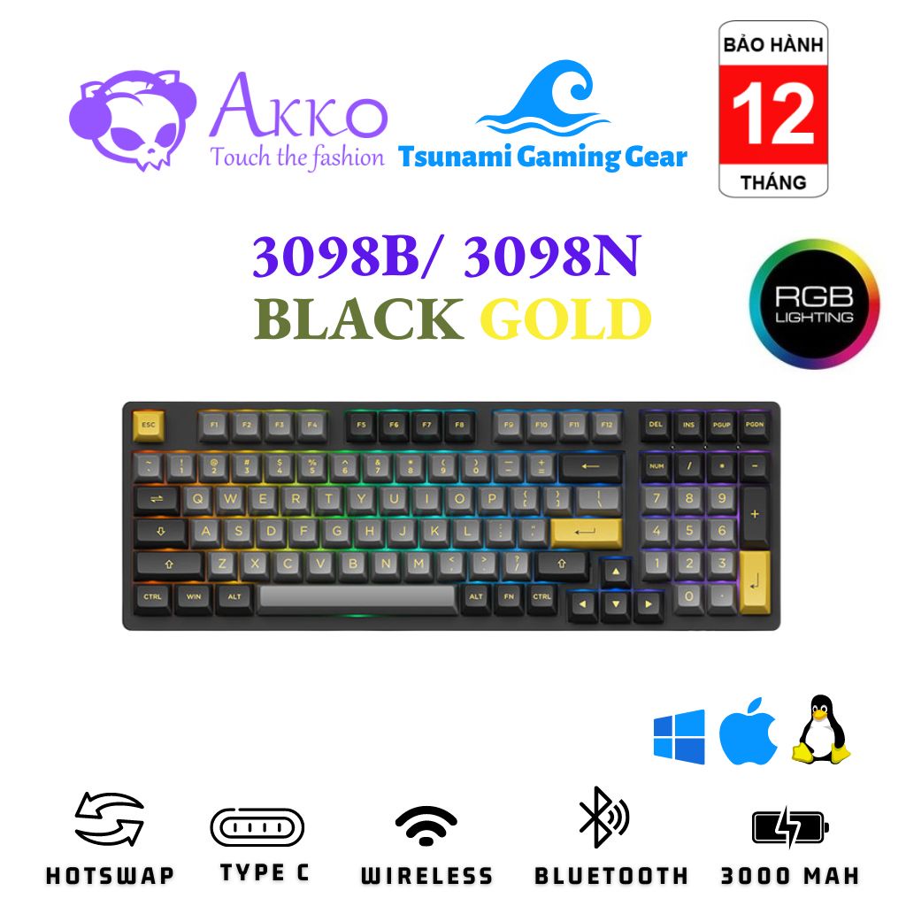 Bàn phím cơ AKKO 3098 Black Gold | 3098B Black Cyan | RGB | Bluetooth | Wireless 2.4 Ghz | Type C