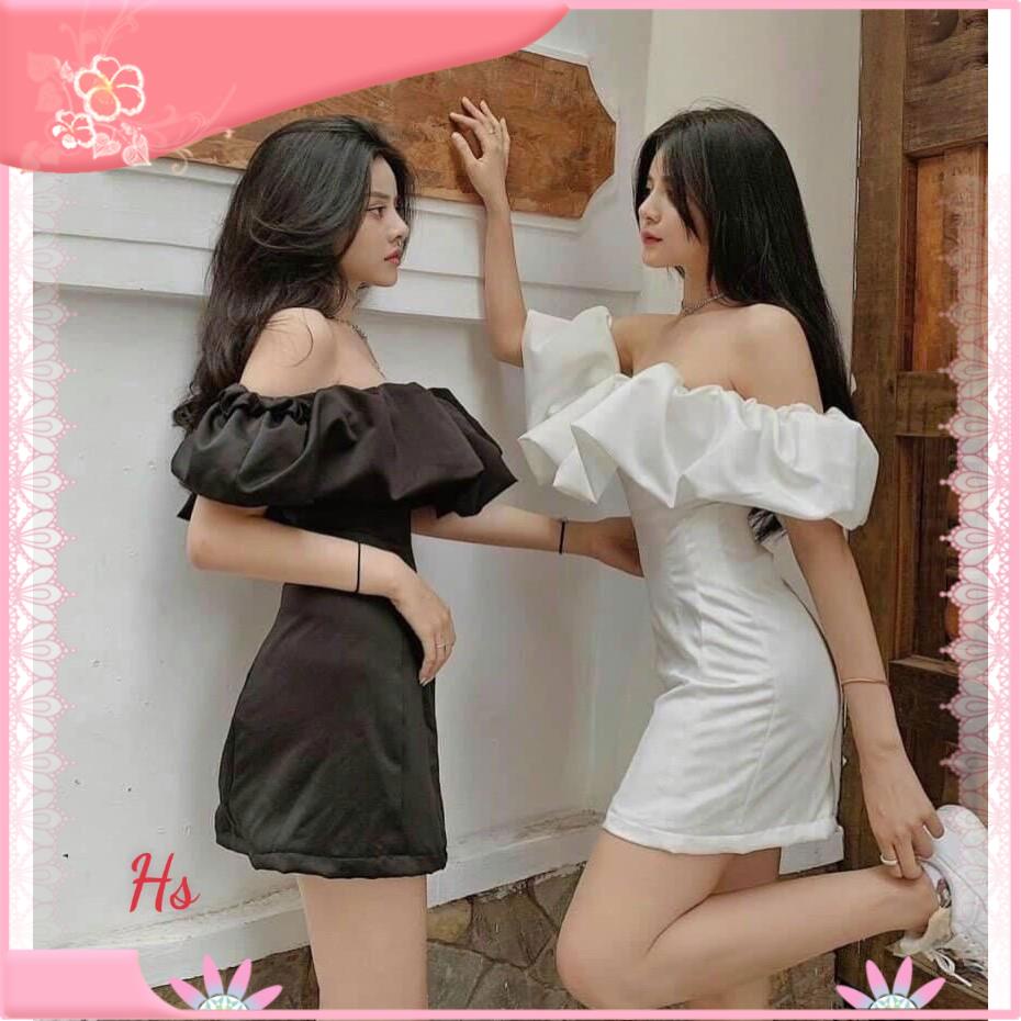 Đầm trễ vai , Váy Trễ Vai Nhúm Bèo Sang Chảnh Chất Liệu Đũi Lụa với 2 màu đen trắng nhà Lyna mặc đi chơi