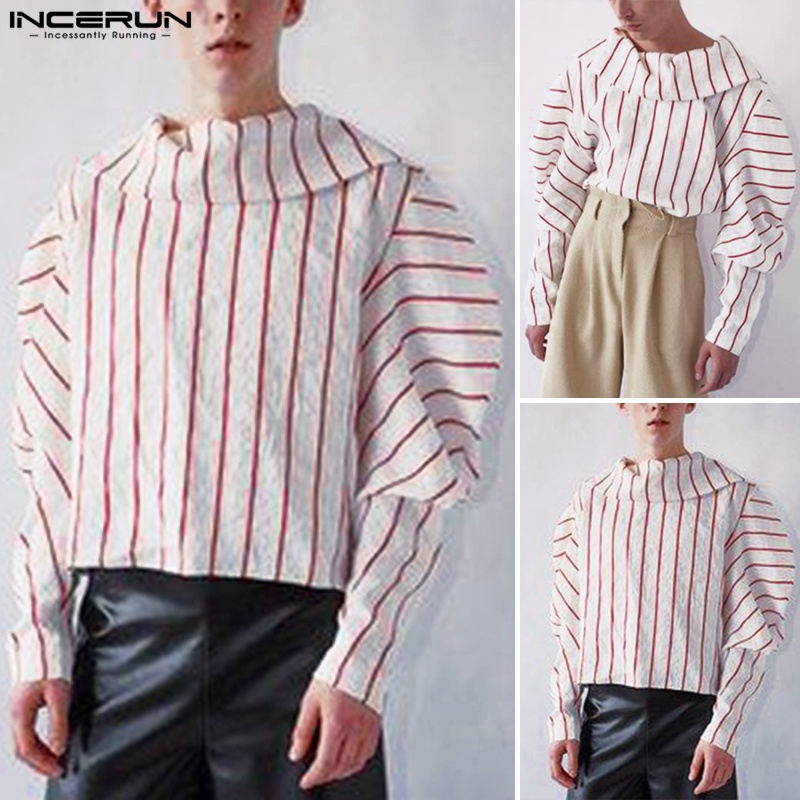 INCERUN Áo Sơ Mi Baggy Tay Dài Kẻ Sọc Thời Trang Cho Nam Giới