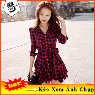 Đầm Sơ Mi Nữ/Váy Dáng Xòe Kẻ Sọc Caro Tay Dài Cổ Chữ V Ngọt Ngào Gợi Cảm