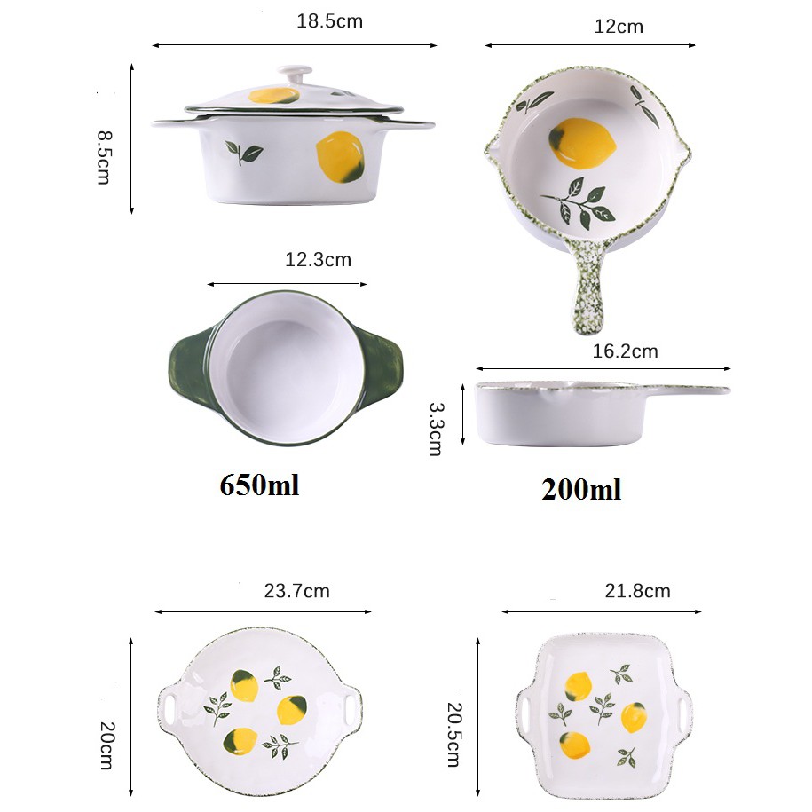 (SALE SHOCK) Thố nướng có nắp vẽ tay, nồi sứ chanh vàng phong cách Bắc Âu- Sứ cao cấp xuất khẩu