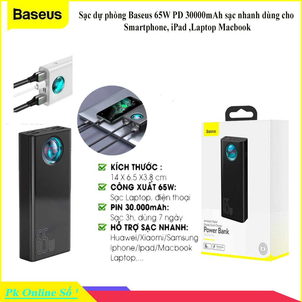 (Tặng kèm cáp C to C 100W) Sạc dự phòng Baseus 65W PD 30.000mAh sạc nhanh dùng cho Smartphone, iPad ,Laptop Macbook