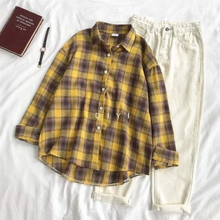 ÁO KHOÁC UNISEX NAM NỮ CẶP NHÓM FORM RỘNG SWAG - ÁO SƠ MI KHOÁC FLANEL SỌC CARO MÀU VÀNG 7