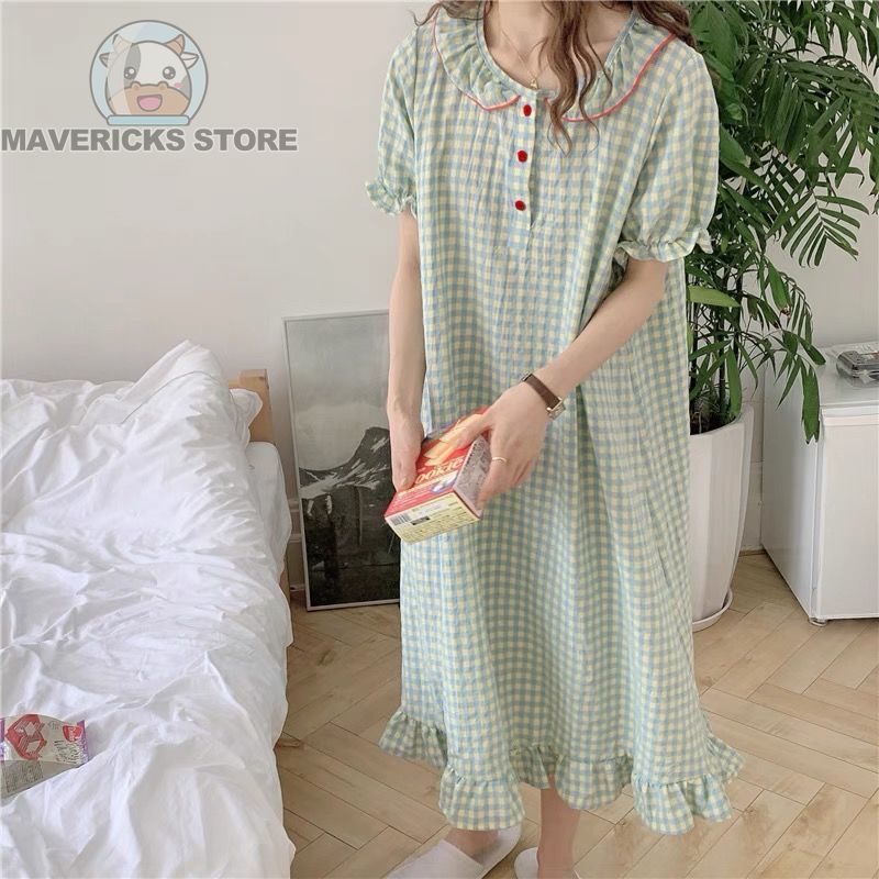 Váy ngủ tay ngắn cổ búp bê kẻ sọc caro màu xanh lá xinh xắn phong cách thời trang Hàn Quốc