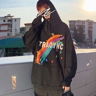 Áo hoodie dáng rộng in hình cầu vồng size M-5XL