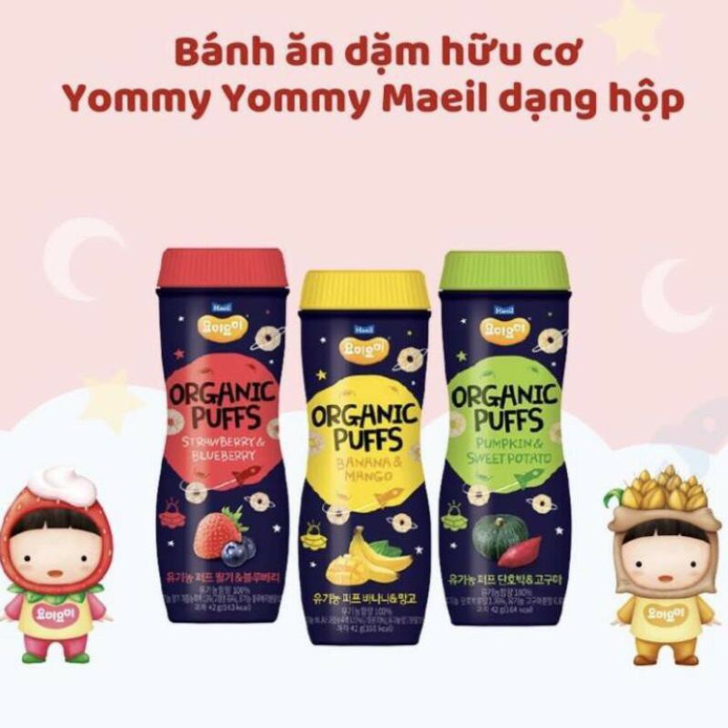 (hàng có sẵn)BÁNH ĂN DẶM HỮU CƠ MAEIL ORGANIC PUFFS ĐỦ VỊ DÀNH CHO BÉ TỪ 7M+ (42gr Date T10/23)