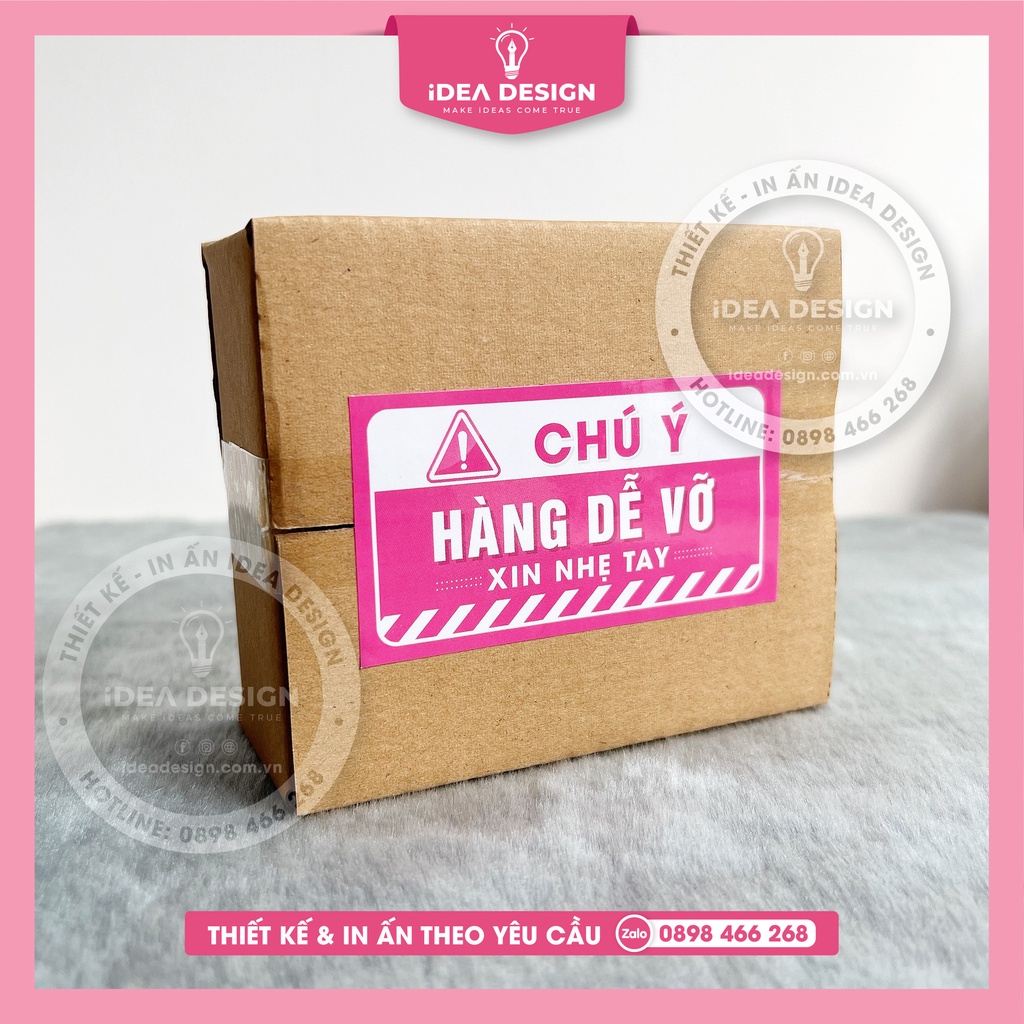 Nhãn dán lưu ý HÀNG DỄ VỠ, Sticker chú ý Hàng Dễ Vỡ Xin Nhẹ Tay có keo - Size 9x5cm - Nhiều màu trendy - iDea Design
