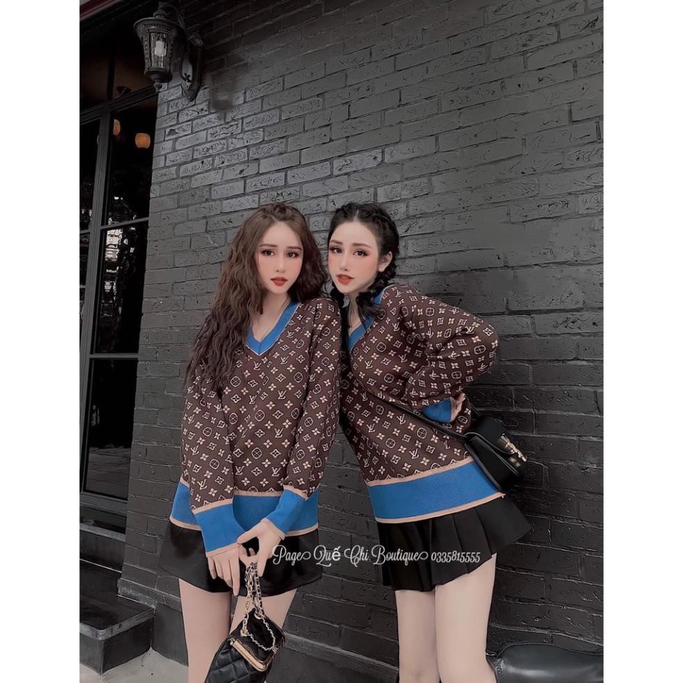 ÁO LEN NÂU CỔ TIM PHỐI VIỀN XANH CHO NỮ