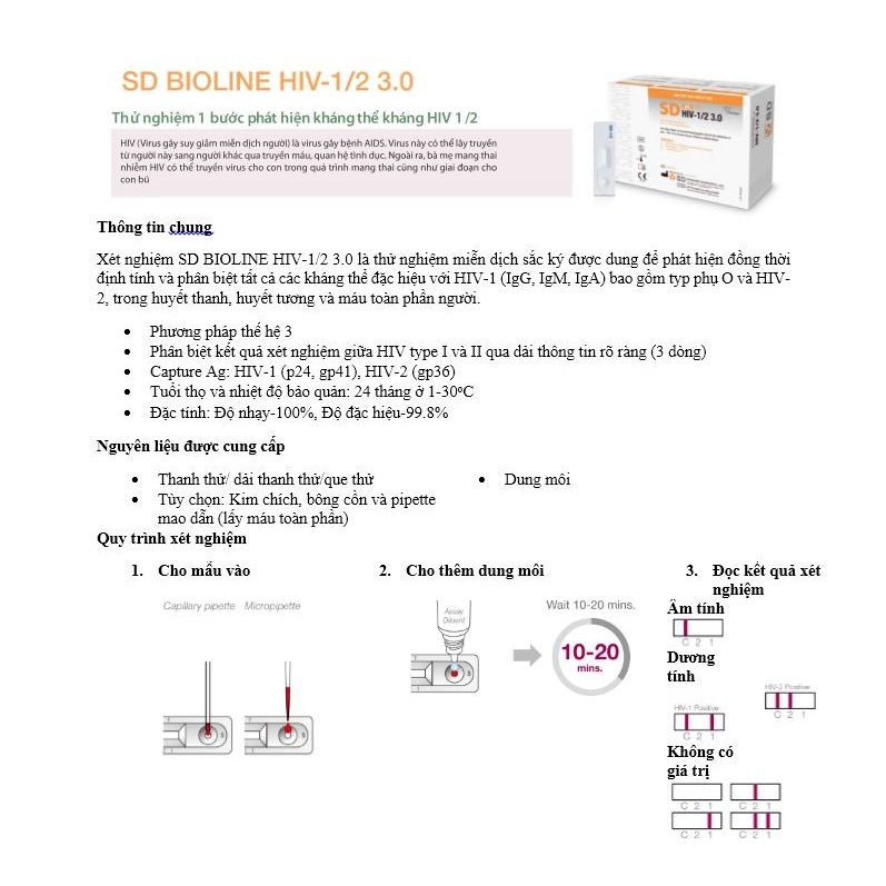 Bộ dụng cụ test / kit thử SD HIV 1/2 3.0 - Xét nghiệm phát hiện HIV tại nhà chính xác, độ nhạy cao  (HÀN QUỐC)