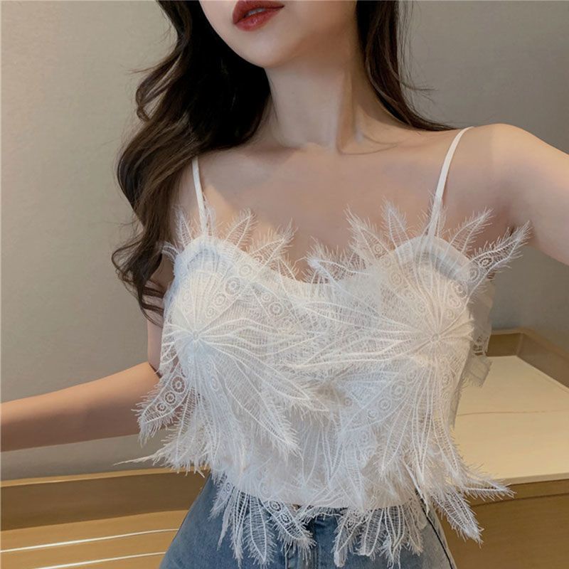 Áo Dệt Kim Sát Nách Lưng Ngắn Phối Ren Kiểu Pháp Thời Trang Mùa Hè Quyến Rũ Cho Nữ