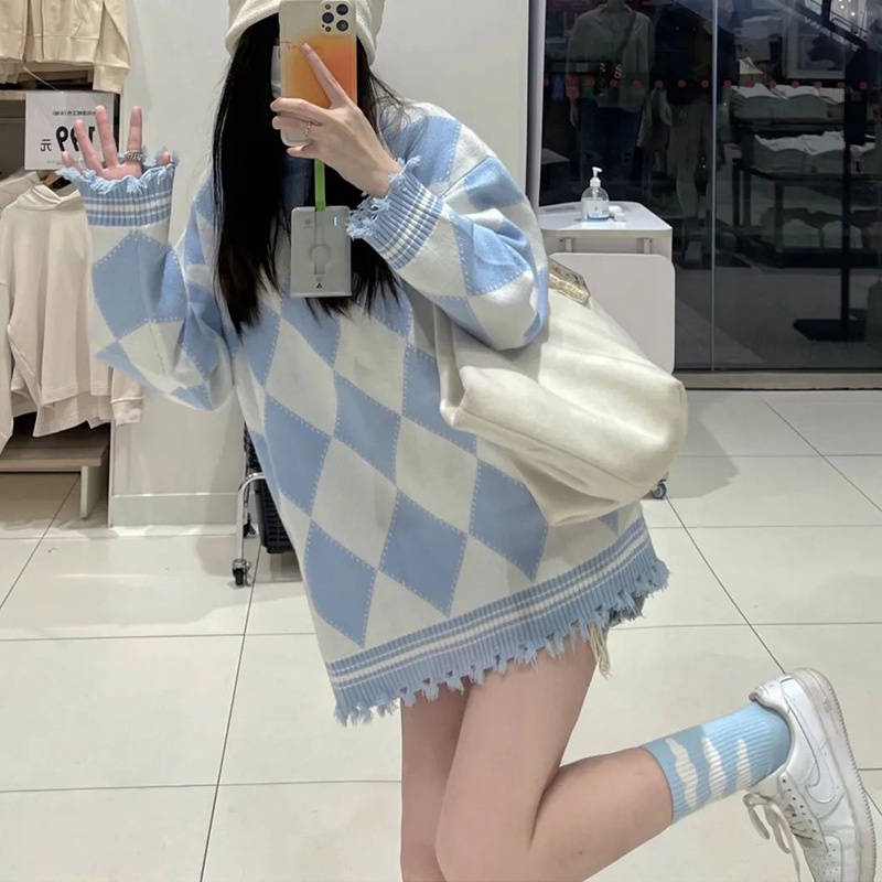 Áo len nữ kẻ sọc xanh rách tua tay dài hàn quốc form rộng thu đông tết ulzzang
